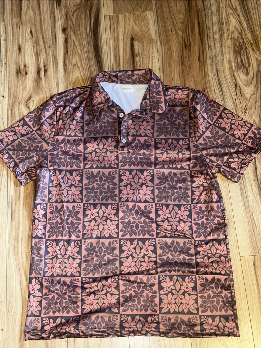 SweetHoney Pink and Brown Floral Grid Polo
